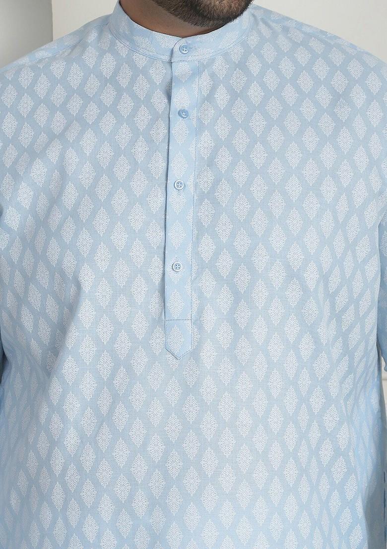 Turquoise Blue Ethnic Motifs Poly Blend Kurta For Men