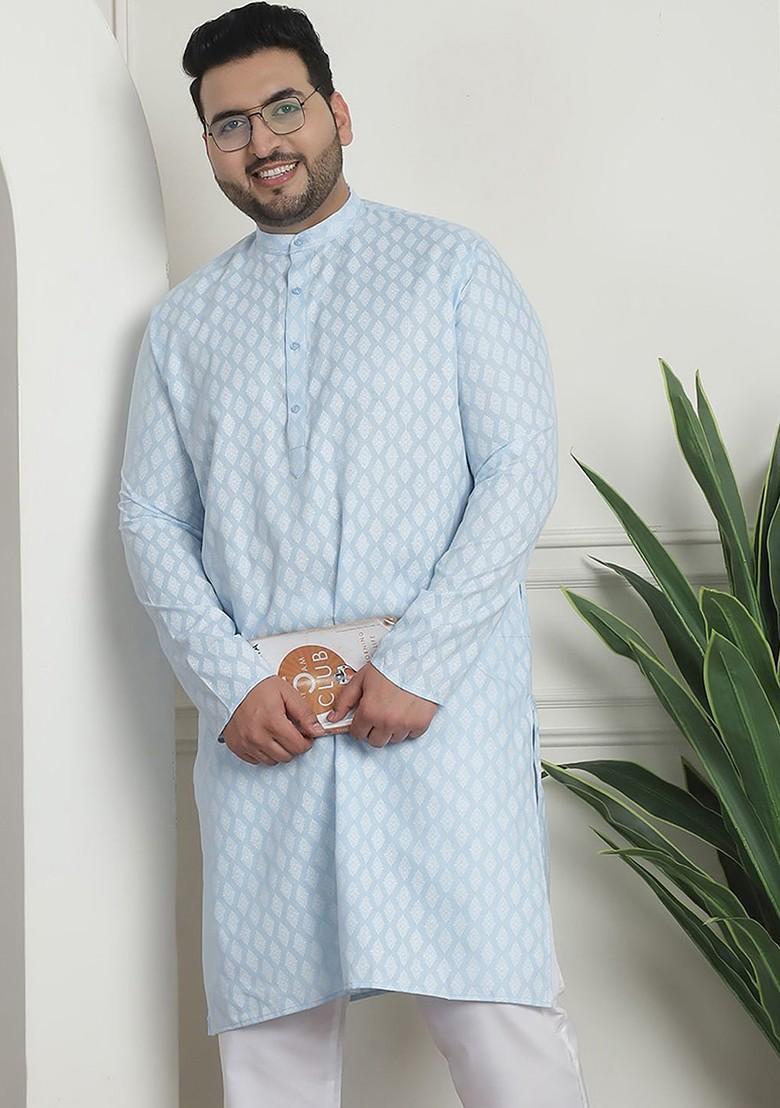 Turquoise Blue Ethnic Motifs Poly Blend Kurta For Men