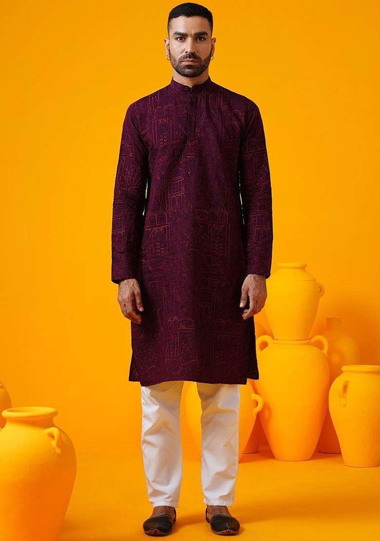 Burgundy Thread Work Poly Blend Kurta For Men - Indya