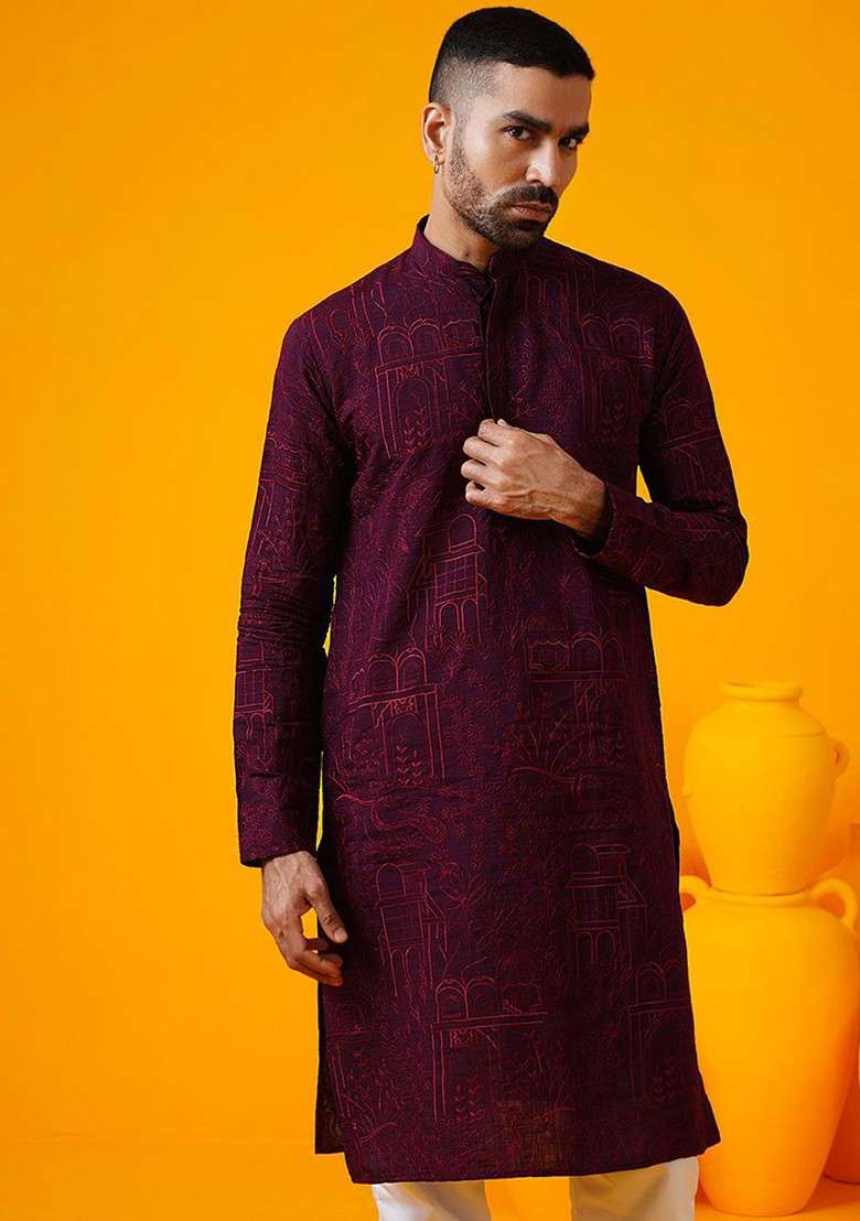 Burgundy Thread Work Poly Blend Kurta For Men - Indya