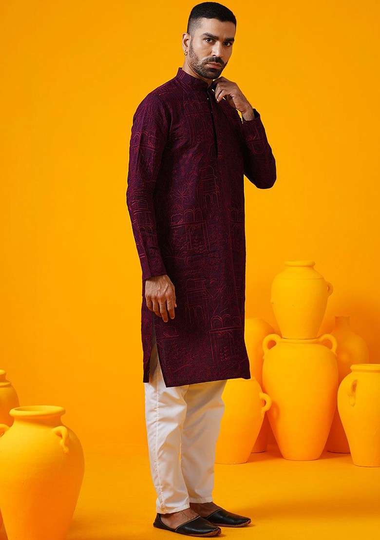 Burgundy Thread Work Poly Blend Kurta For Men - Indya