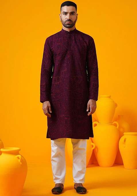 Burgundy Thread Work Poly Blend Kurta For Men
