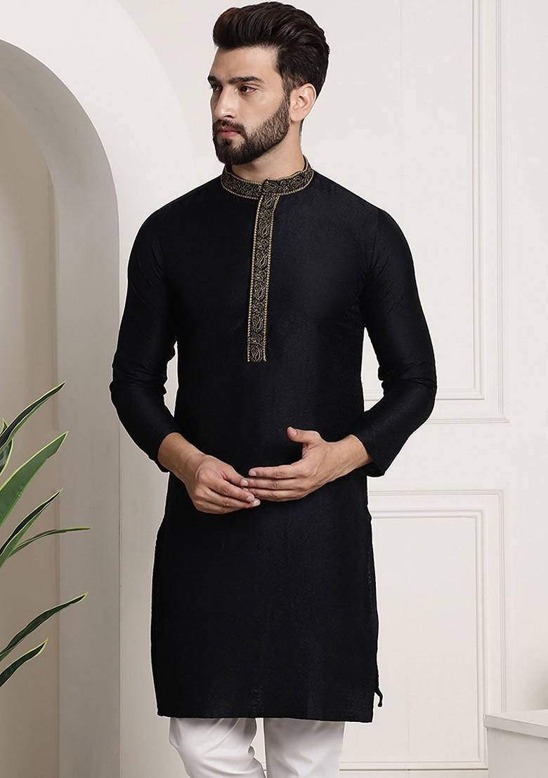 Black Solid Poly Blend Kurta For Men