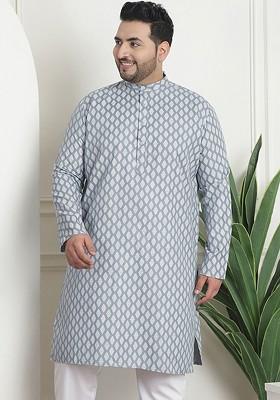 Grey Printed Poly Blend Kurta For Men
