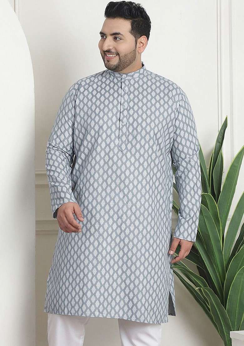 Grey Printed Poly Blend Kurta For Men - Indya