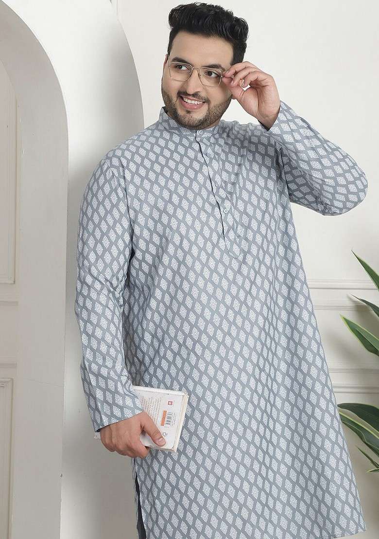 Grey Printed Poly Blend Kurta For Men - Indya