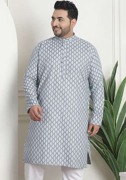 Grey Printed Poly Blend Kurta For Men