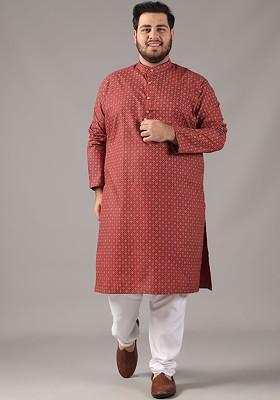 Maroon Printed Cotton Kurta For Men
