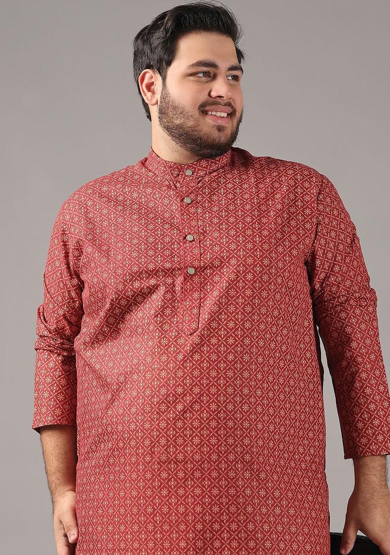 Maroon Printed Cotton Kurta For Men