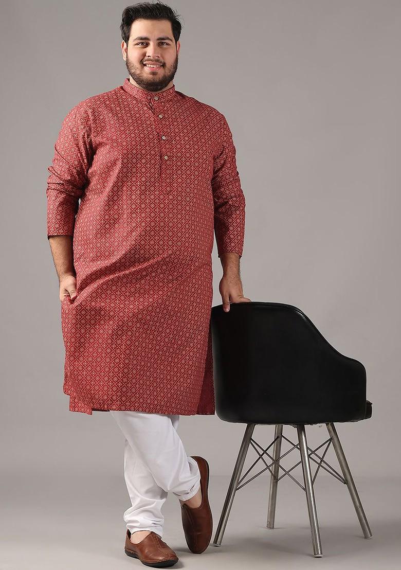 Maroon Printed Cotton Kurta For Men