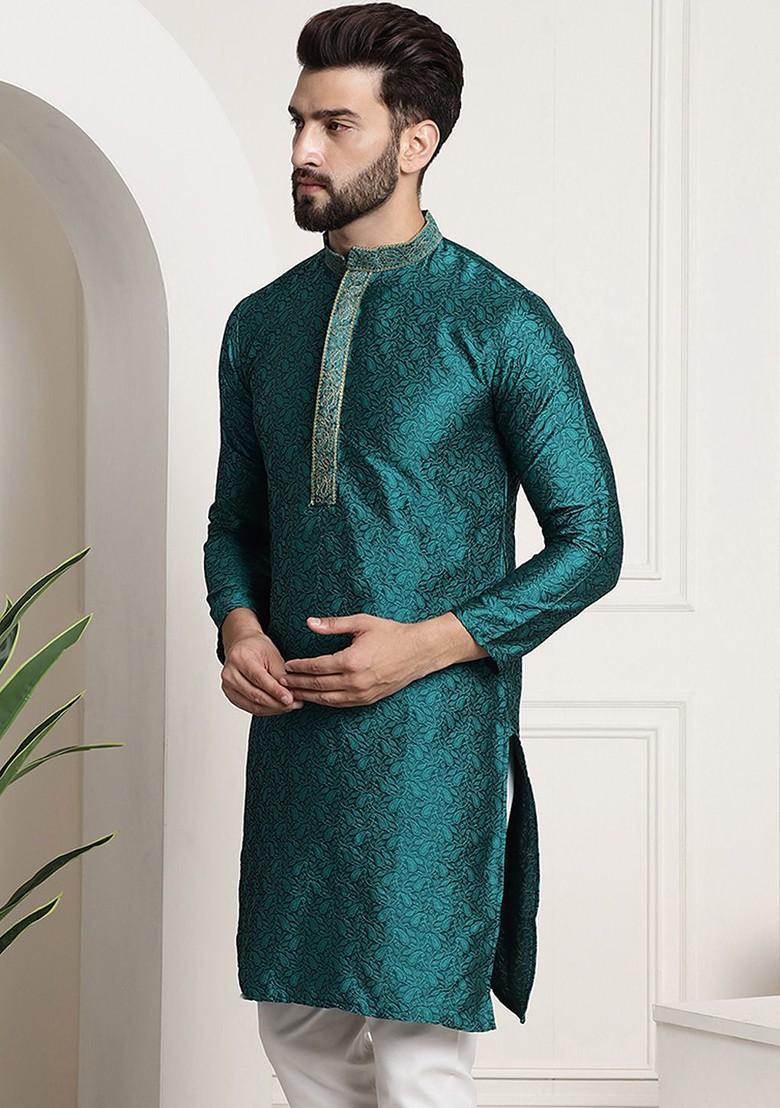 Teal Blue Embroidered Poly Blend Kurta For Men