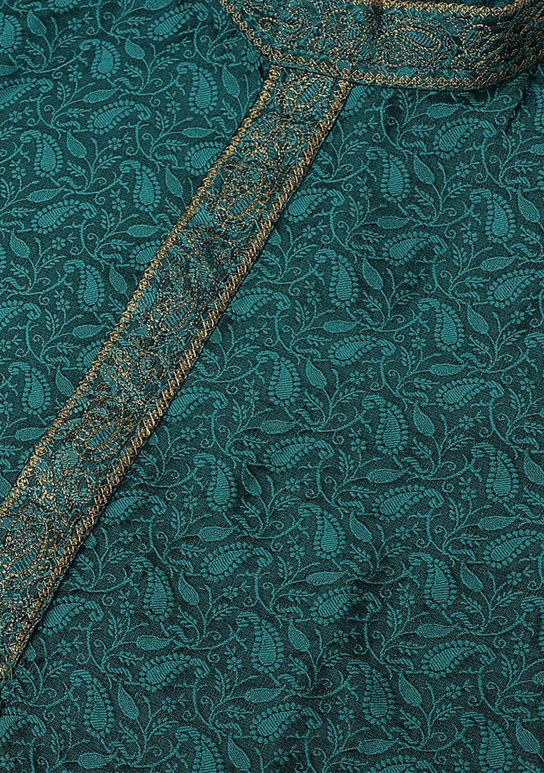 Teal Blue Embroidered Poly Blend Kurta For Men