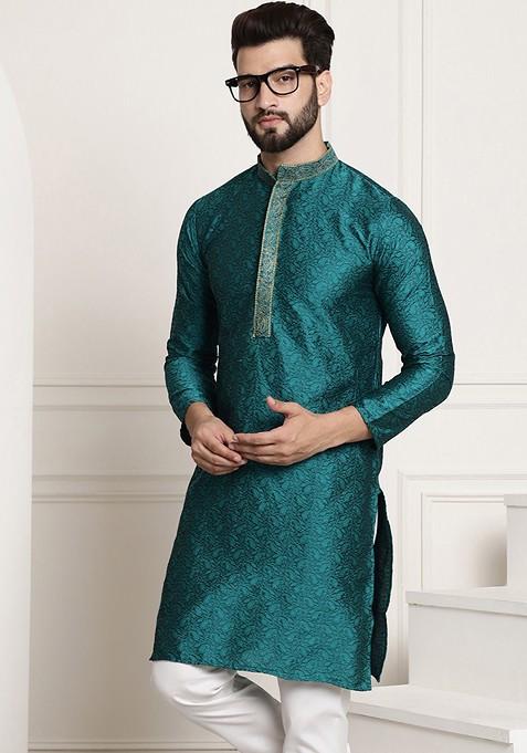 Teal Blue Embroidered Poly Blend Kurta For Men