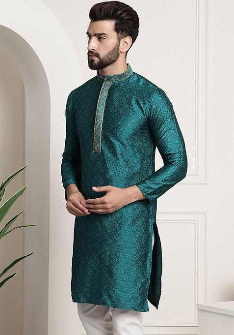 Teal Blue Embroidered Poly Blend Kurta For Men