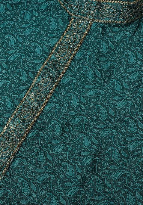 Teal Blue Embroidered Poly Blend Kurta For Men