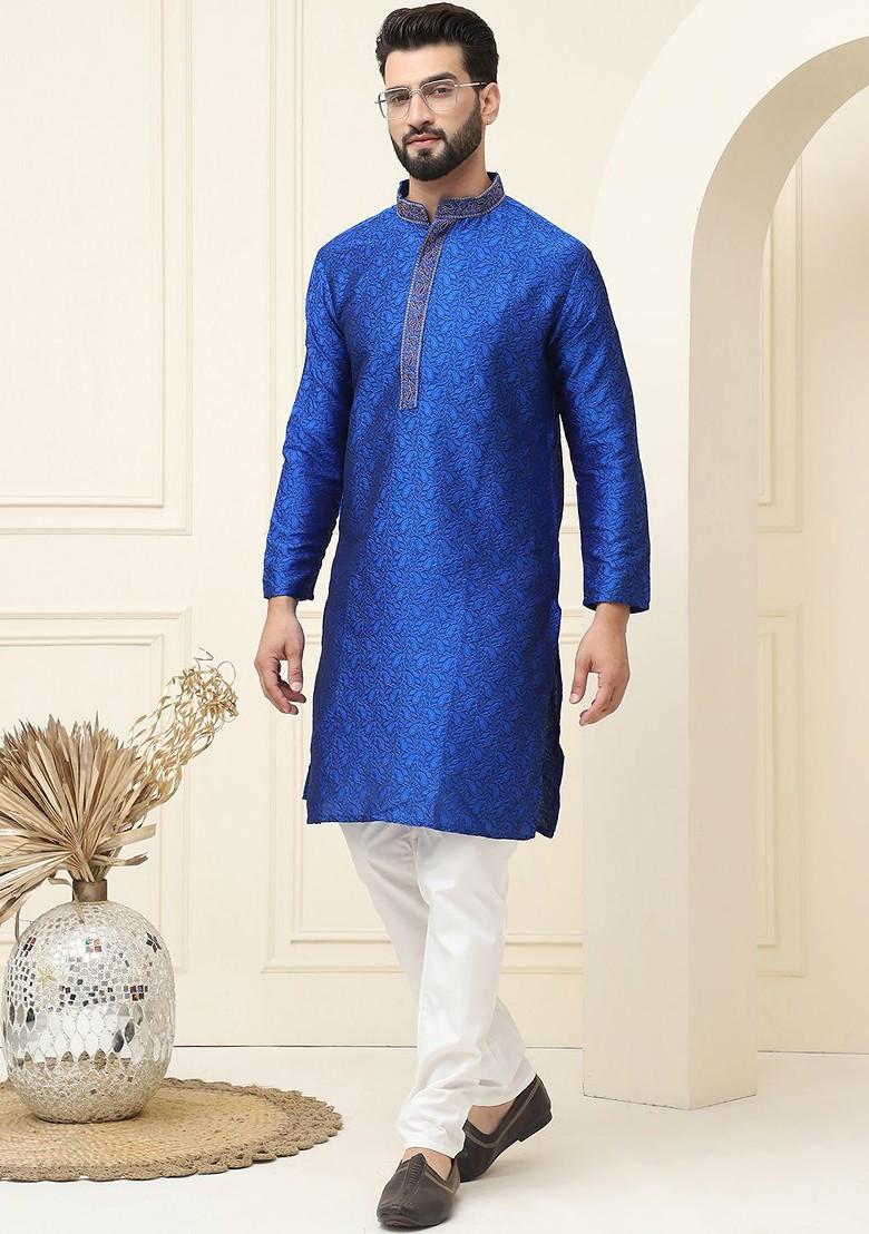 Blue Embroidered Poly Blend Kurta For Men