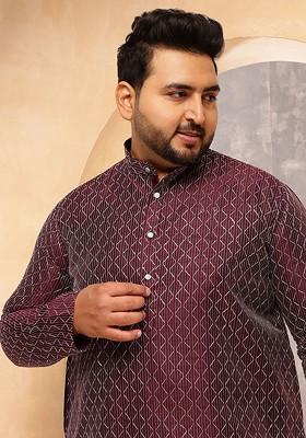 Burgundy Printed Silk Kurta For Men
