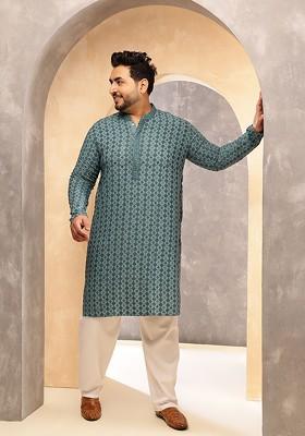 Teal Blue Embroidered Cotton Kurta For Men
