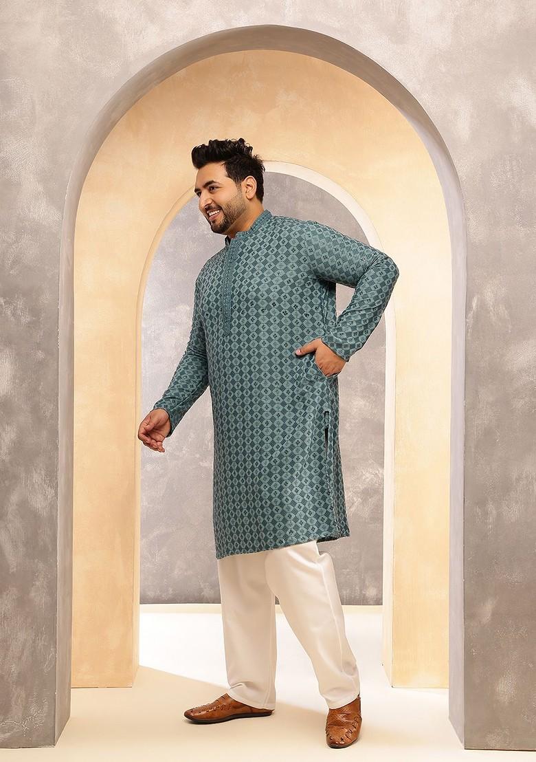 Teal Blue Embroidered Cotton Kurta For Men