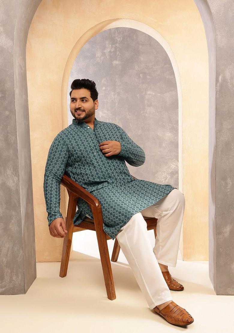 Teal Blue Embroidered Cotton Kurta For Men