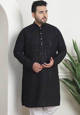 Black Embellished Cotton Kurta For Men