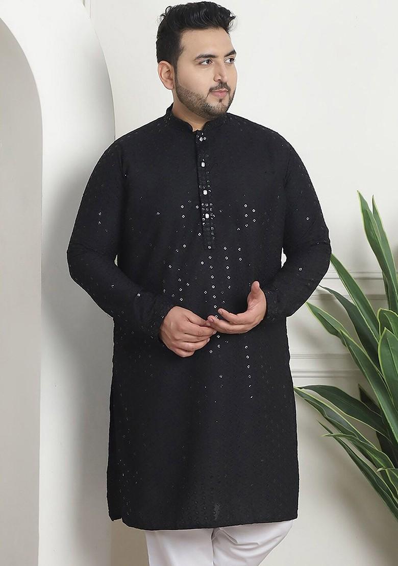 Black Embellished Cotton Kurta For Men