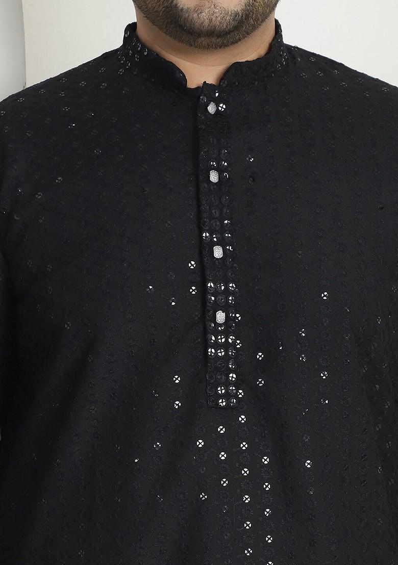 Black Embellished Cotton Kurta For Men