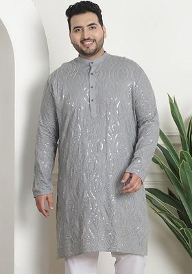 Grey Embellished Cotton Kurta For Men
