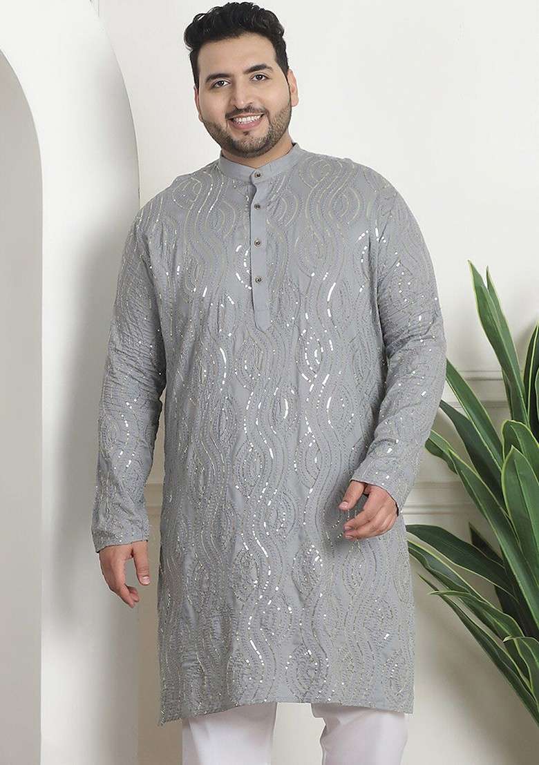 Grey Embellished Cotton Kurta For Men - Indya