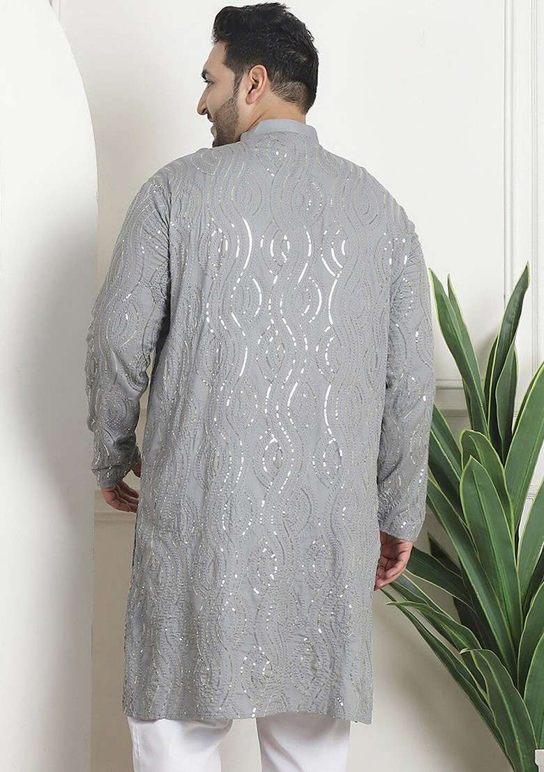 Grey Embellished Cotton Kurta For Men - Indya