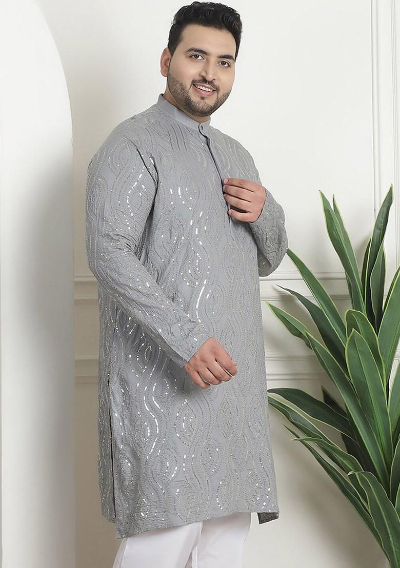 Grey Embellished Cotton Kurta For Men