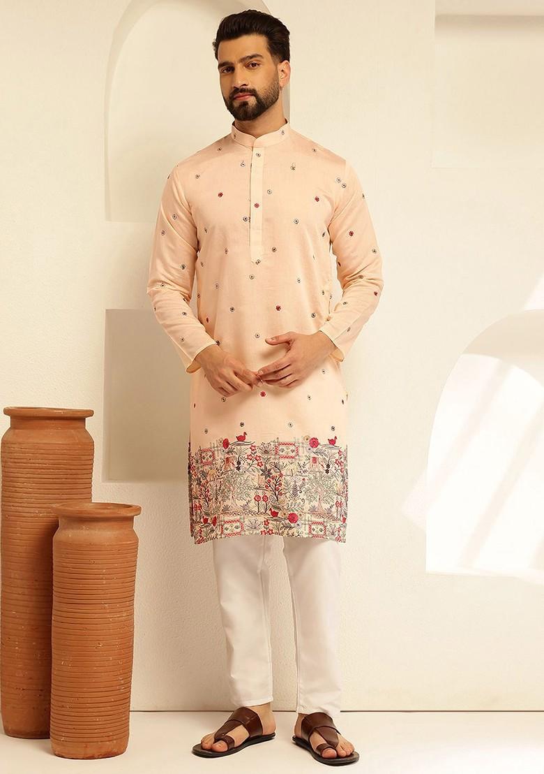 Peach Thread Work Cotton Kurta For Men
