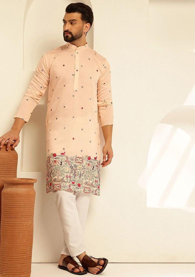 Peach Thread Work Cotton Kurta For Men