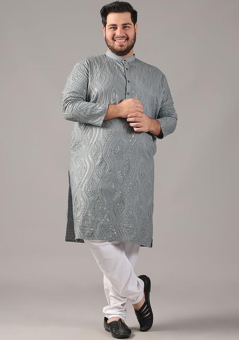 Grey Embroidered Cotton Kurta For Men