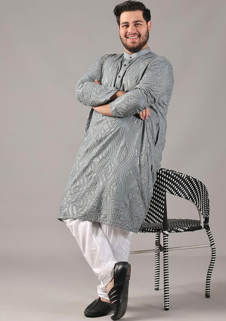 Grey Embroidered Cotton Kurta For Men
