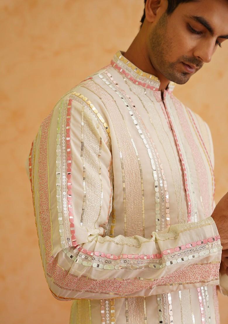 Off White Striped Poly Blend Kurta For Men