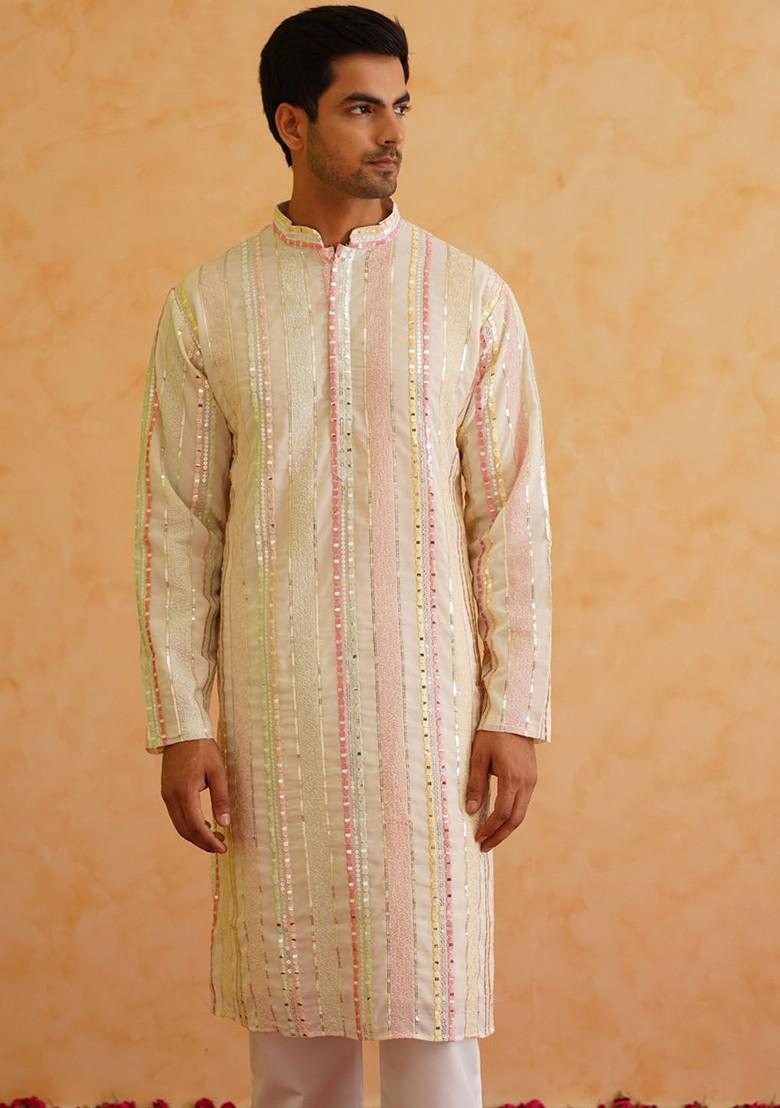 Off White Striped Poly Blend Kurta For Men