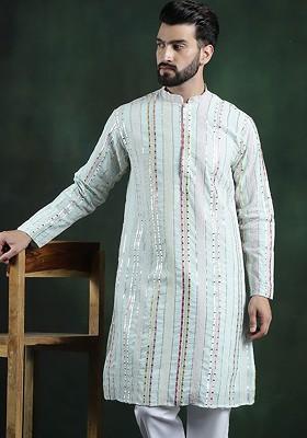 Sea Green Thread Work Poly Blend Kurta For Men