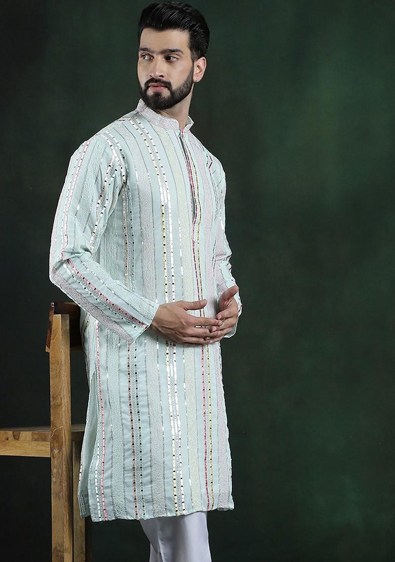 Sea Green Thread Work Poly Blend Kurta For Men