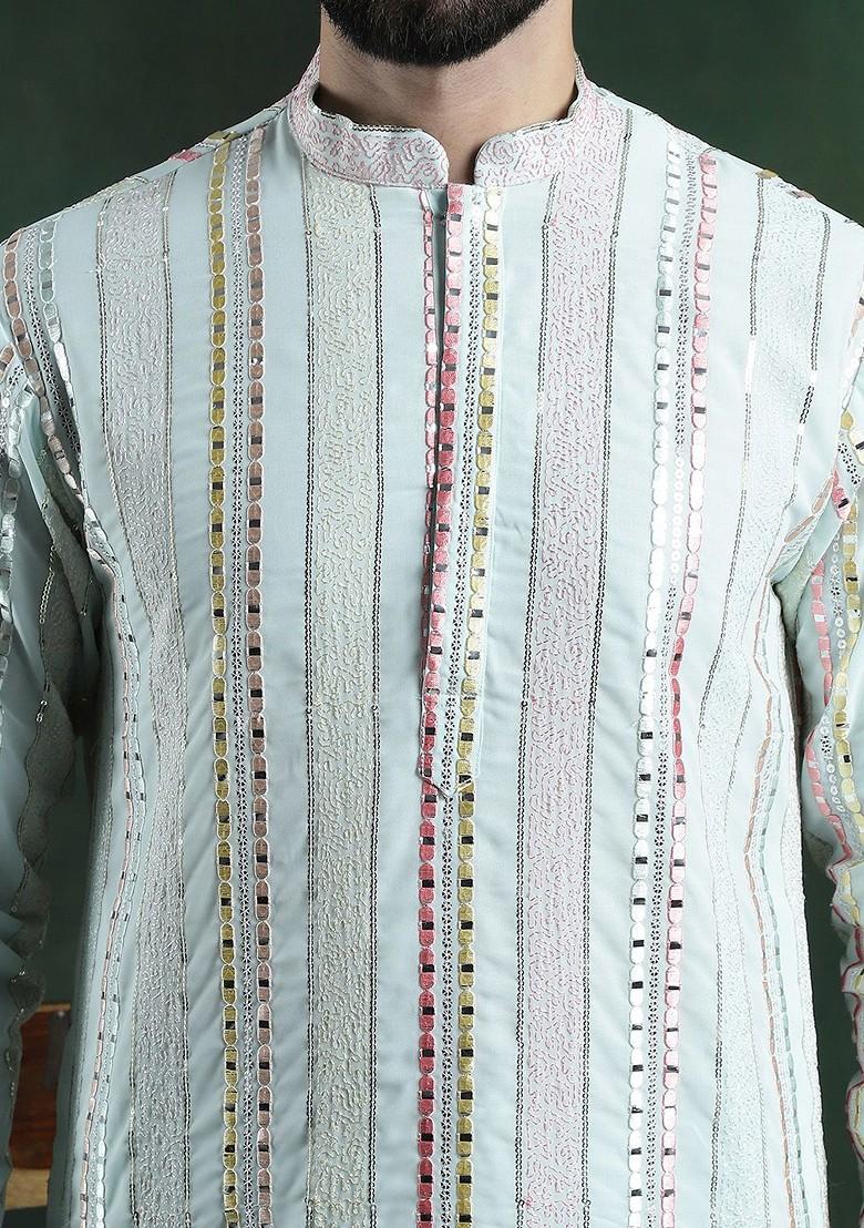 Sea Green Thread Work Poly Blend Kurta For Men
