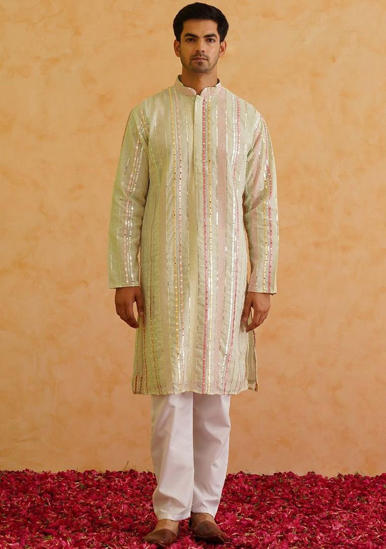 Lime Green Striped Poly Blend Kurta For Men