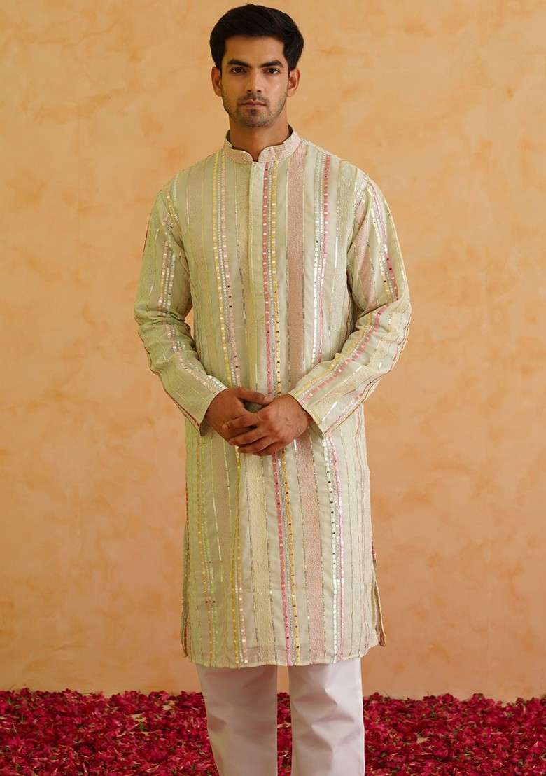 Lime Green Striped Poly Blend Kurta For Men - Indya