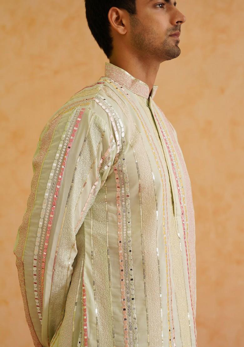 Lime Green Striped Poly Blend Kurta For Men