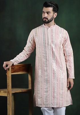 Pink Striped Poly Blend Kurta For Men