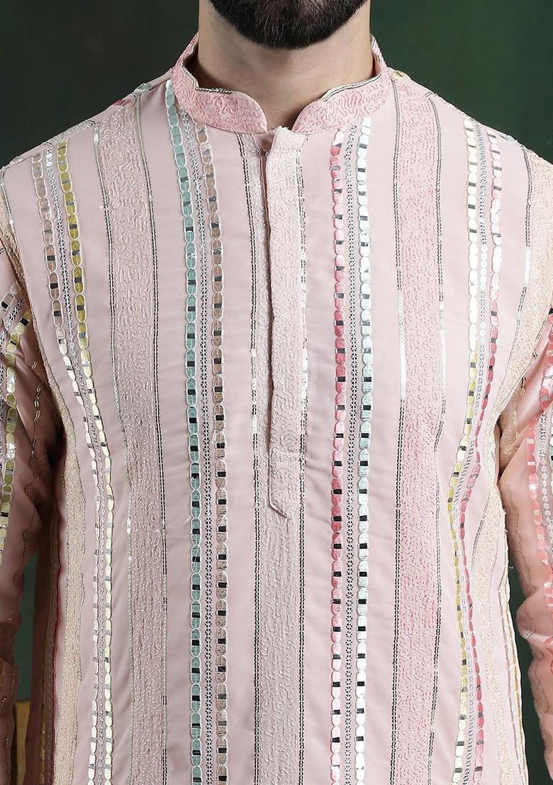 Pink Striped Poly Blend Kurta For Men