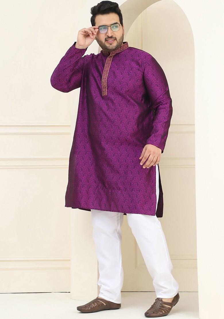 Purple Embroidered Poly Blend Kurta For Men
