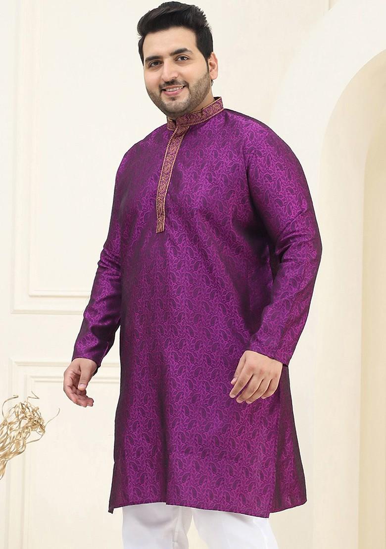 Purple Embroidered Poly Blend Kurta For Men