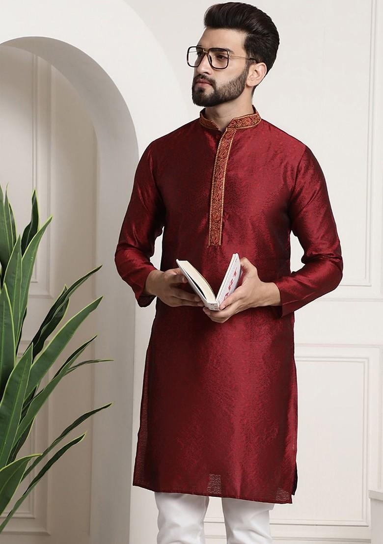 Red Embroidered Poly Blend Kurta For Men