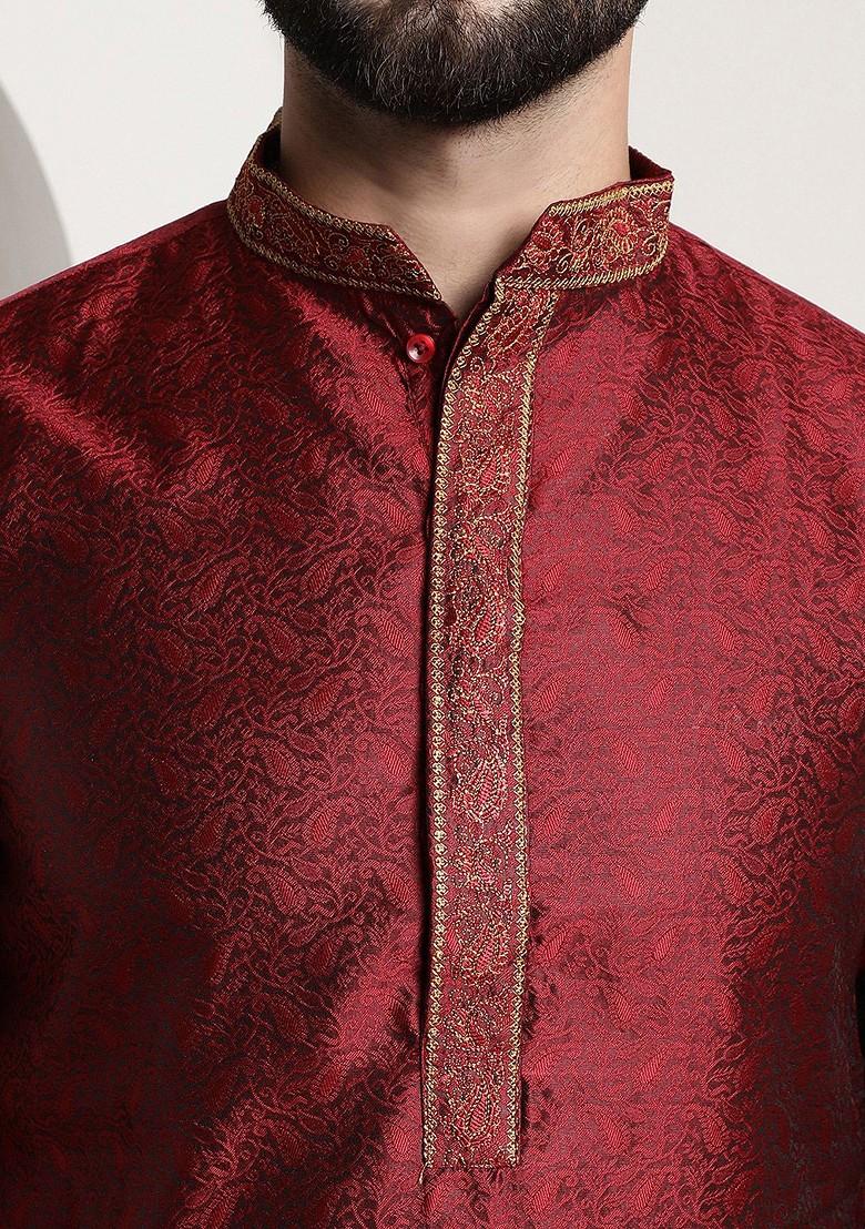 Red Embroidered Poly Blend Kurta For Men