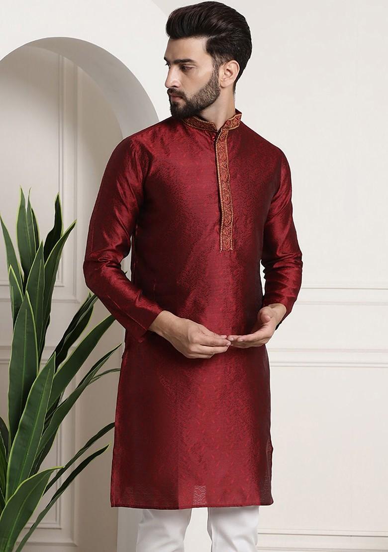 Red Embroidered Poly Blend Kurta For Men